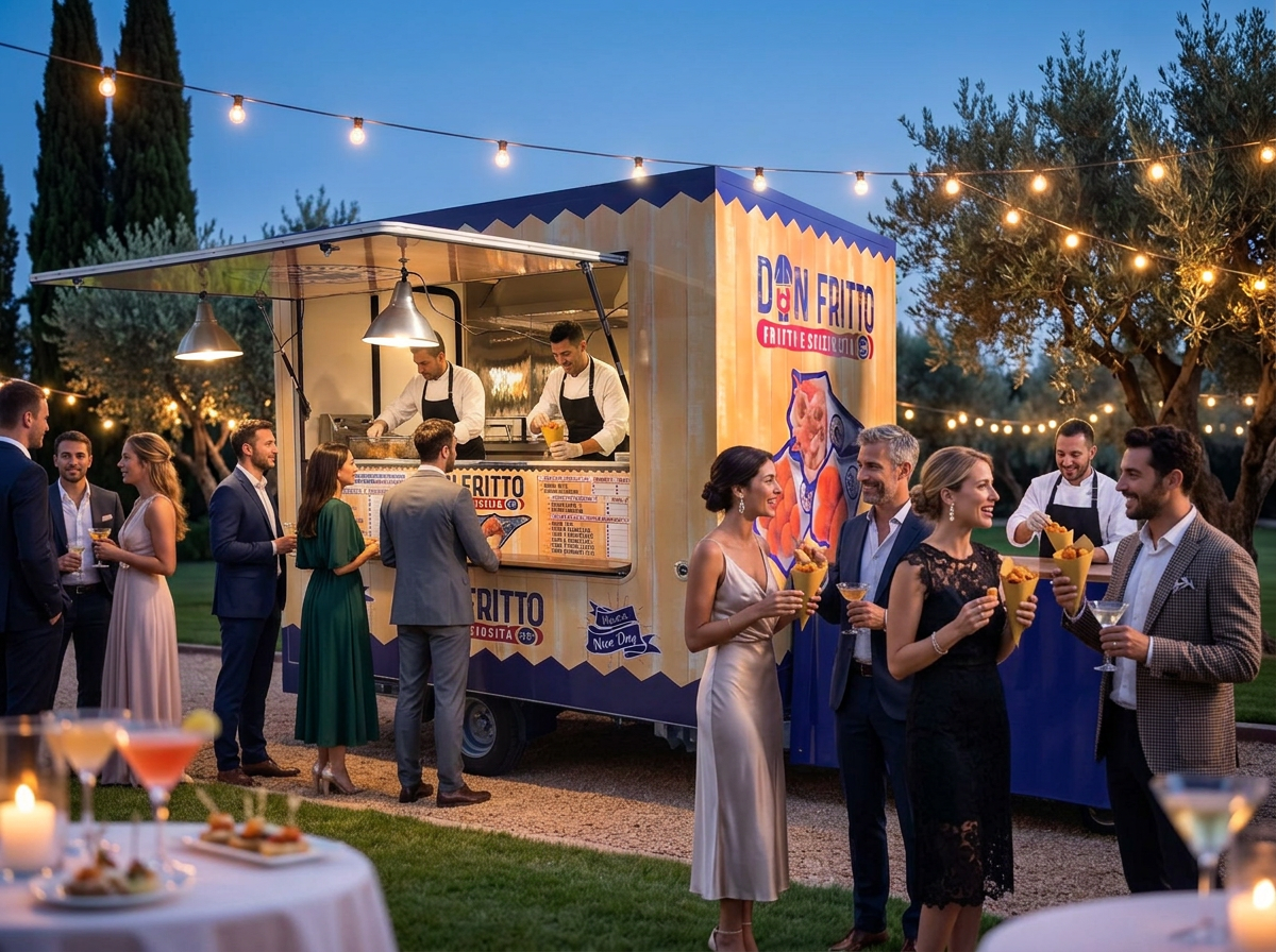 Food truck Don Fritto a un matrimonio elegante al tramonto